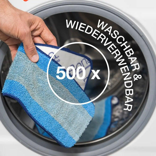 Blue microfiber cloth being placed into a washing machine with text indicating multiple wash cycles.
