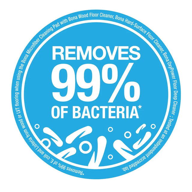 Circular blue badge with text 'Removes 99% of bacteria' on a white background