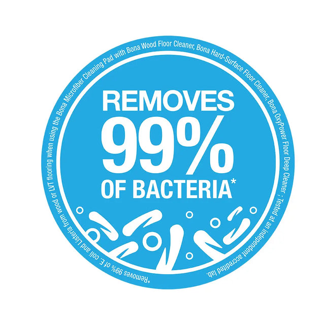Circular blue badge with text 'Removes 99% of bacteria' on a white background