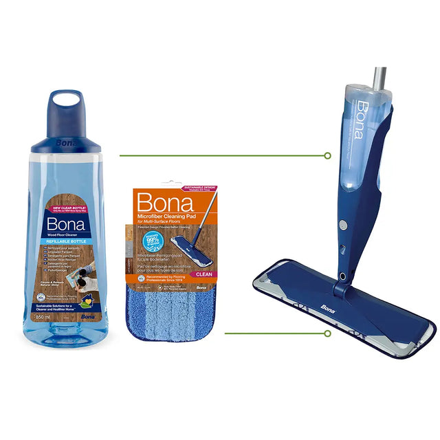 Bona floor cleaning products including a bottle, cleaning pad, and mop on a white background