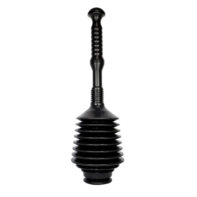 A black rubber plunger with a ribbed handle and a flared, accordion-style rubber base, shown against a plain white background.