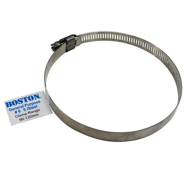 Metal hose clamp with Boston brand label on a white background