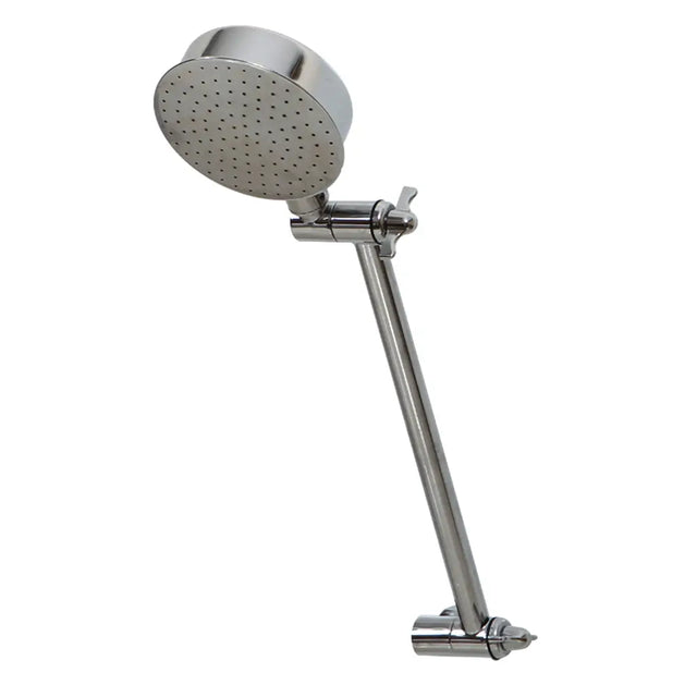 Chrome shower head with flexible arm on a white background