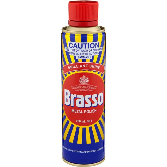 Brasso metal polish can with red cap on a white background