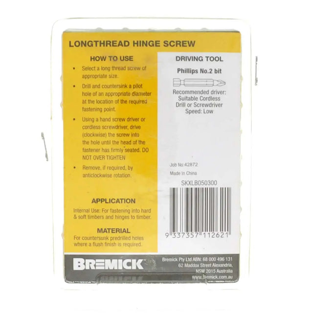Bremick longthread hinge screw packaging with instructions and branding.