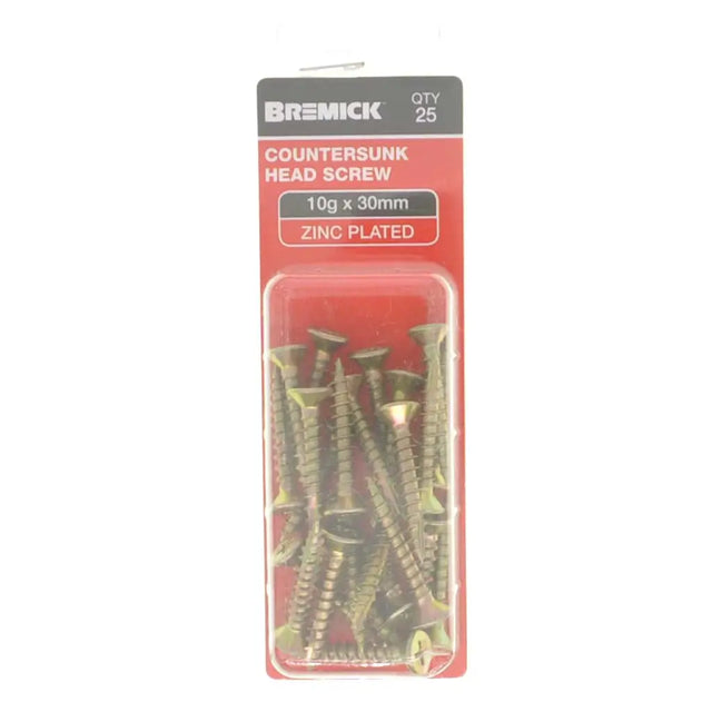 Pack of Bremick countersunk head screws with packaging on a white background