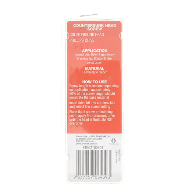 Packaging of a countersunk head screw with text on a white background