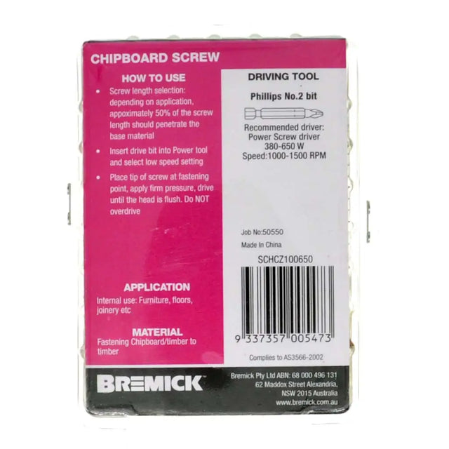 Bremick chipboard screw packaging with pink label and white background