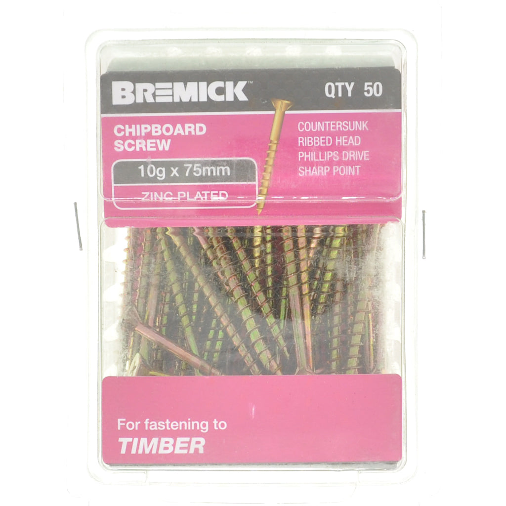 Bremick 10Gx75mm Countersunk Chipboard Screw Phillips Zinc Plated 50Pcs