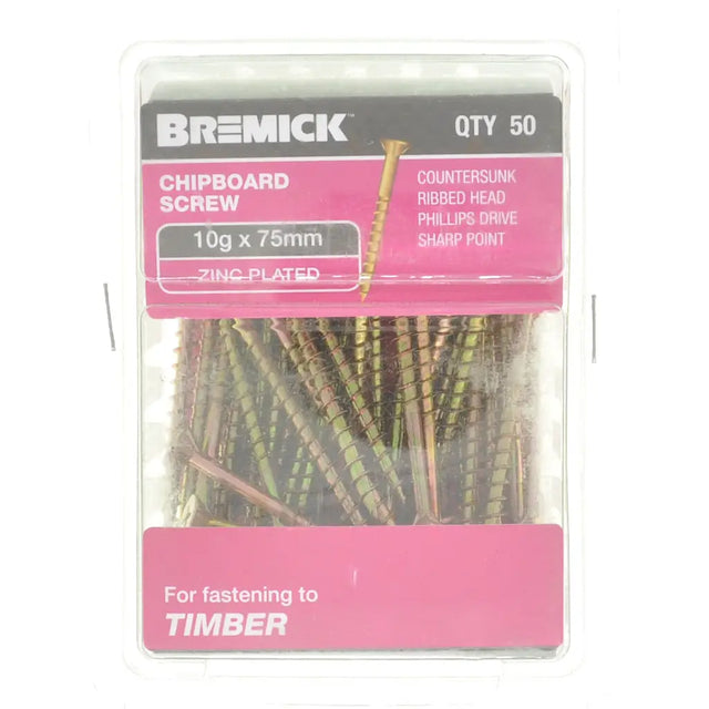 Bremick chipboard screws packaging with screws visible inside