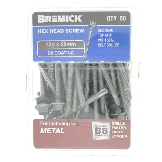 Pack of Bremick hex head screws with specifications on a white background