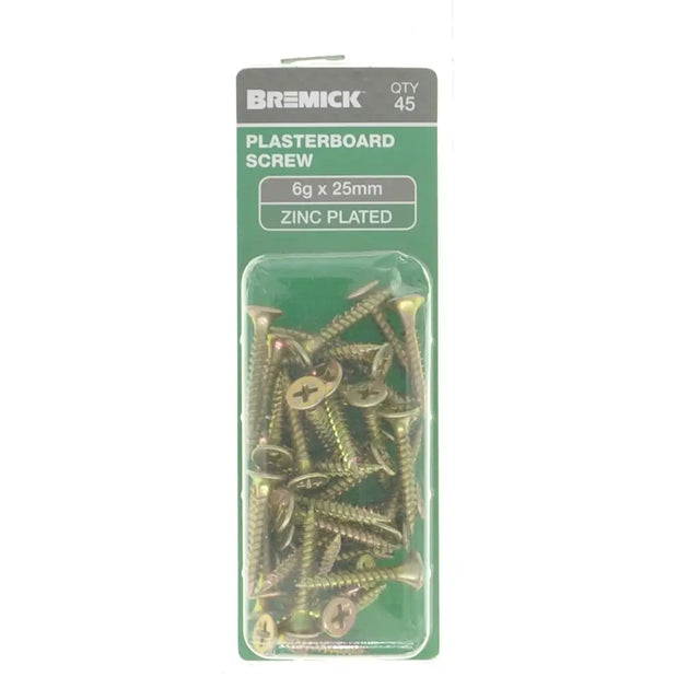Pack of Bremick plasterboard screws with green packaging on a white background