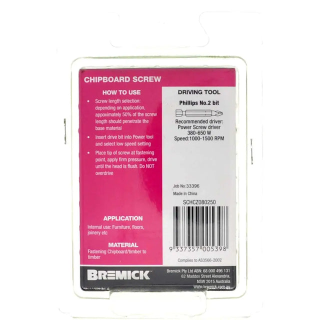 Bremick chipboard screw packaging with pink label and white background