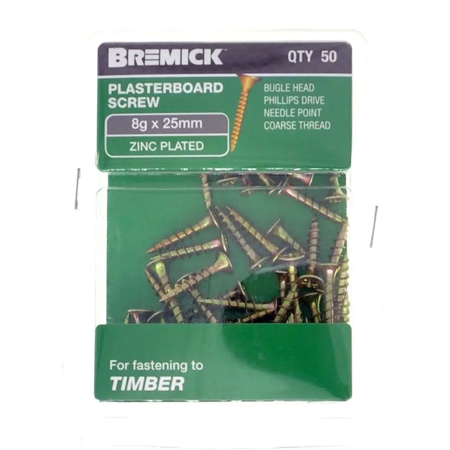 Pack of Bremick plasterboard screws with green packaging on a white background