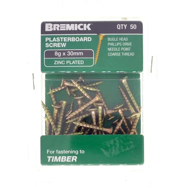 Pack of Bremick plasterboard screws with green packaging on a white background