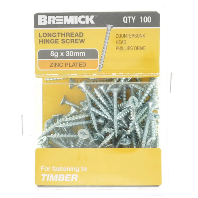 Pack of Bremick longthread hinge screws with yellow packaging