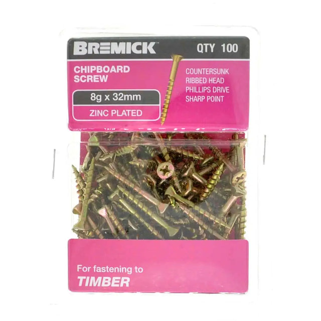 Pack of Bremick chipboard screws with pink packaging on a white background