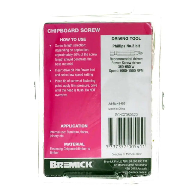 Bremick chipboard screw packaging with pink and green design on a white background