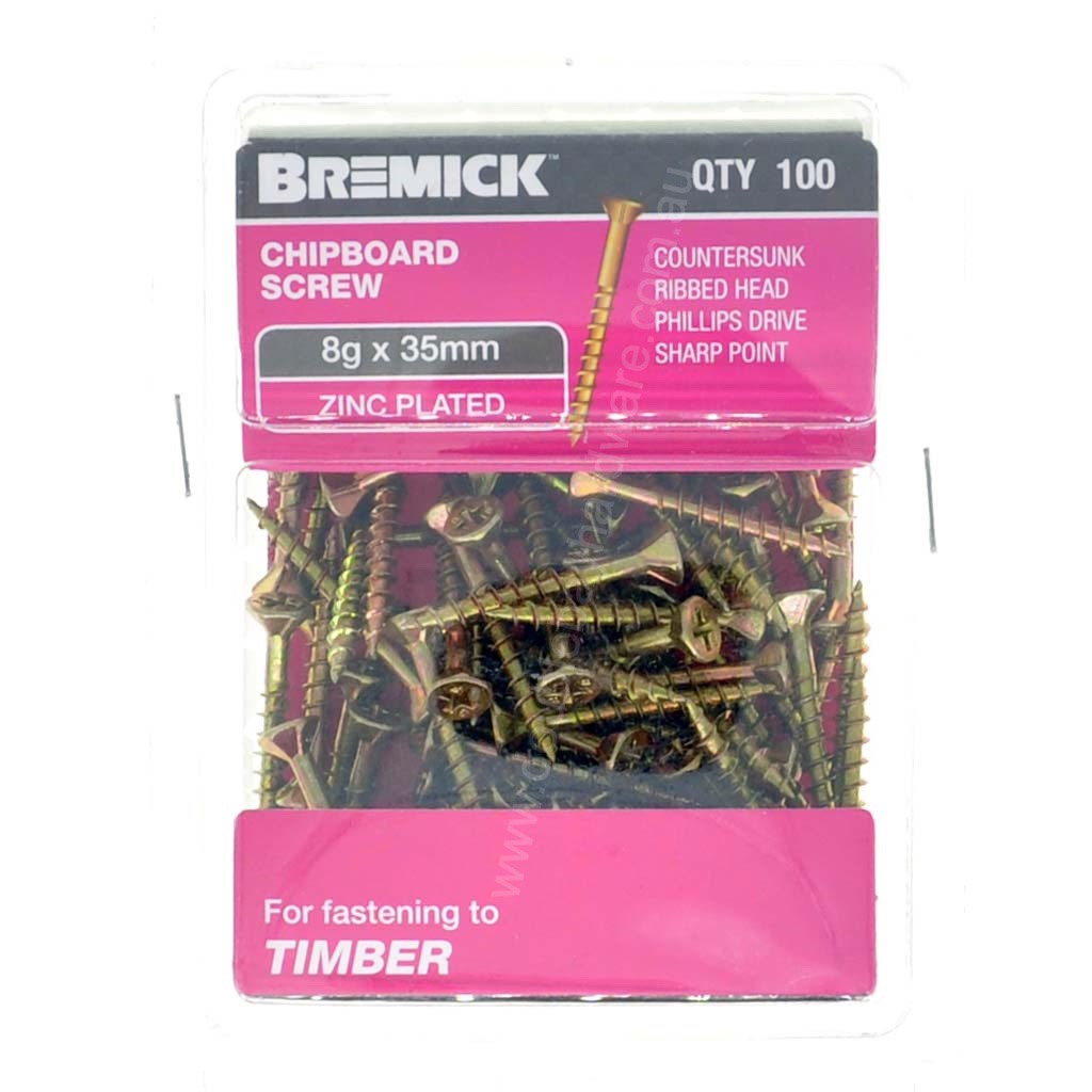 Bremick 8Gx35mm Countersunk Chipboard Screw Phillips Zinc Plated 100Pcs