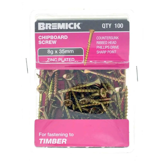 Bremick chipboard screws packaging with pink and gray design