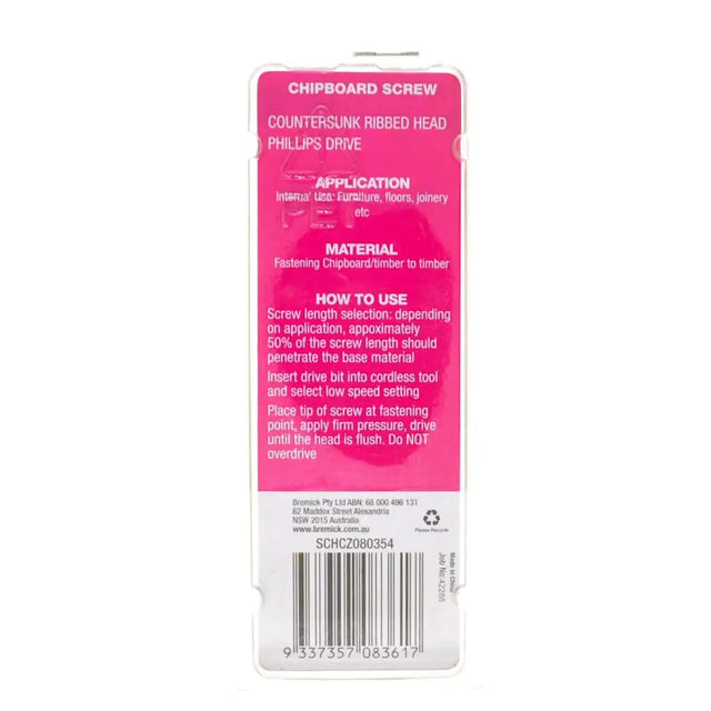Package of chipboard screws with pink label on a white background