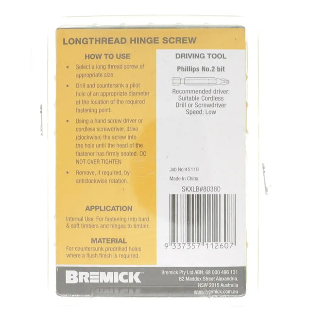 Back of a Bremick longthread hinge screw packaging with text and branding.