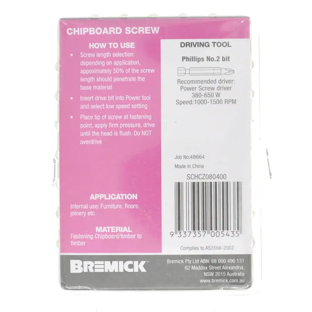 Bremick chipboard screw packaging with pink and gray design