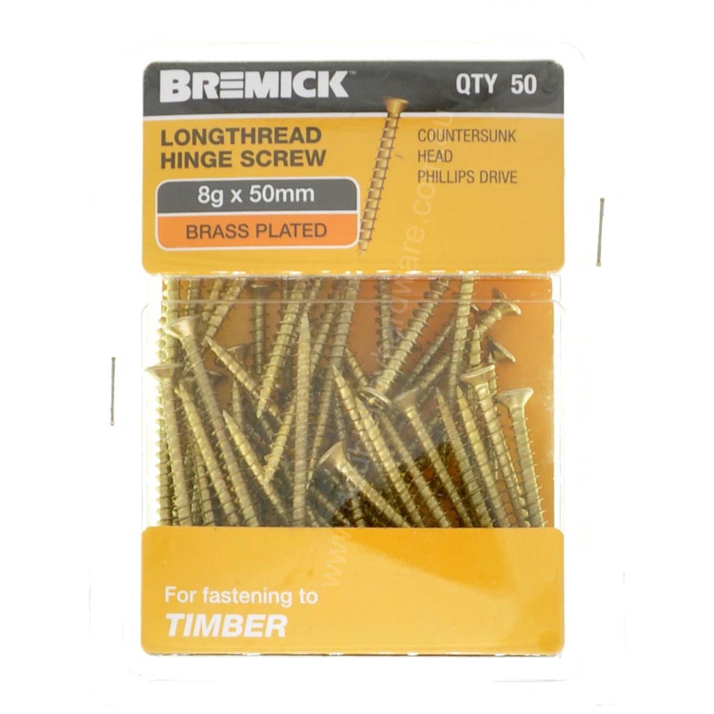 Bremick 8Gx50mm Countersunk Long Thread Hinge Screw Phillips Brass Plated 50Pcs