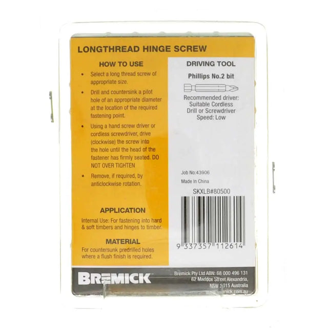 Bremick longthread hinge screw packaging with instructions and branding.