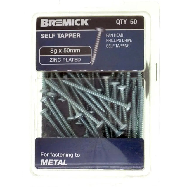 Pack of Bremick self-tapping screws with specifications on a white background