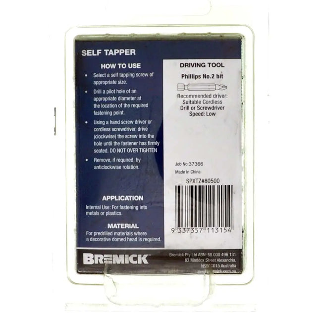 Bremick self-tapper packaging with instructions and branding on a white background