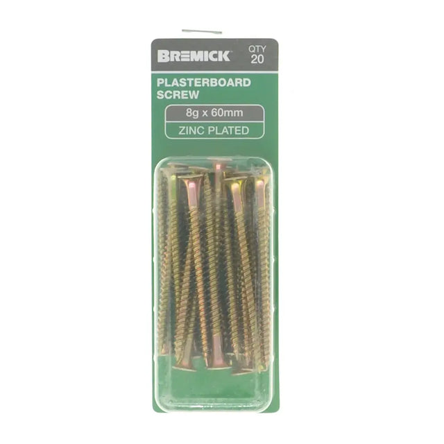 Pack of Bremick plasterboard screws with packaging on a white background