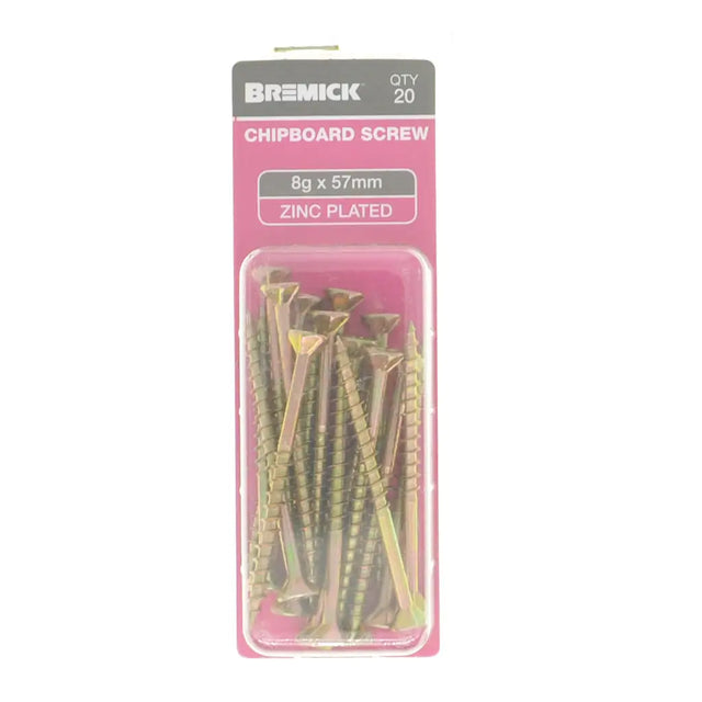 Pack of Bremick chipboard screws with pink packaging on a white background