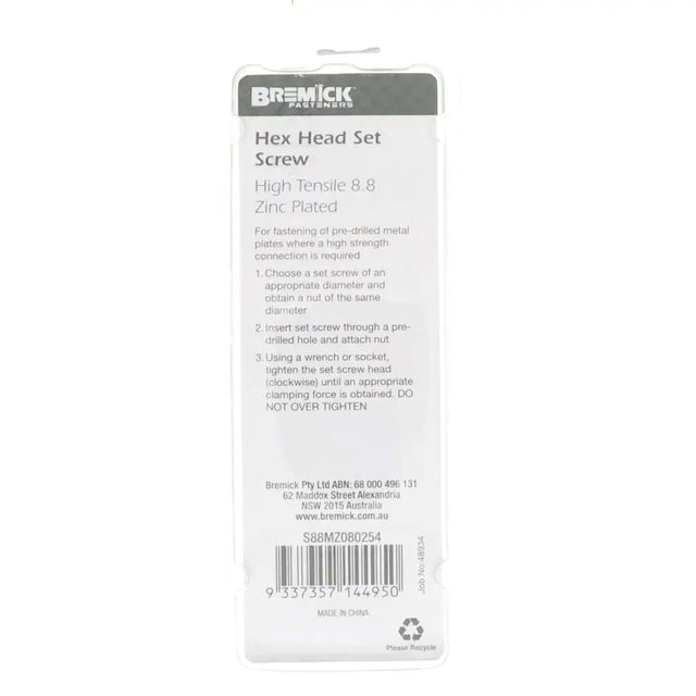 Bremick hex head set screw packaging on a white background