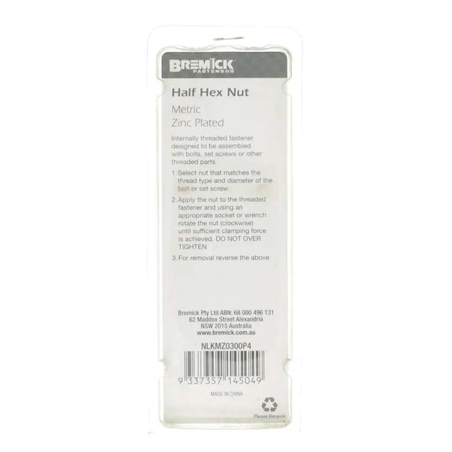 Bremick half hex nut packaging on a white background