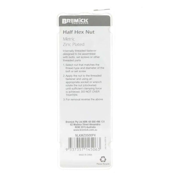 Bremick half hex nut packaging with product details on a white background
