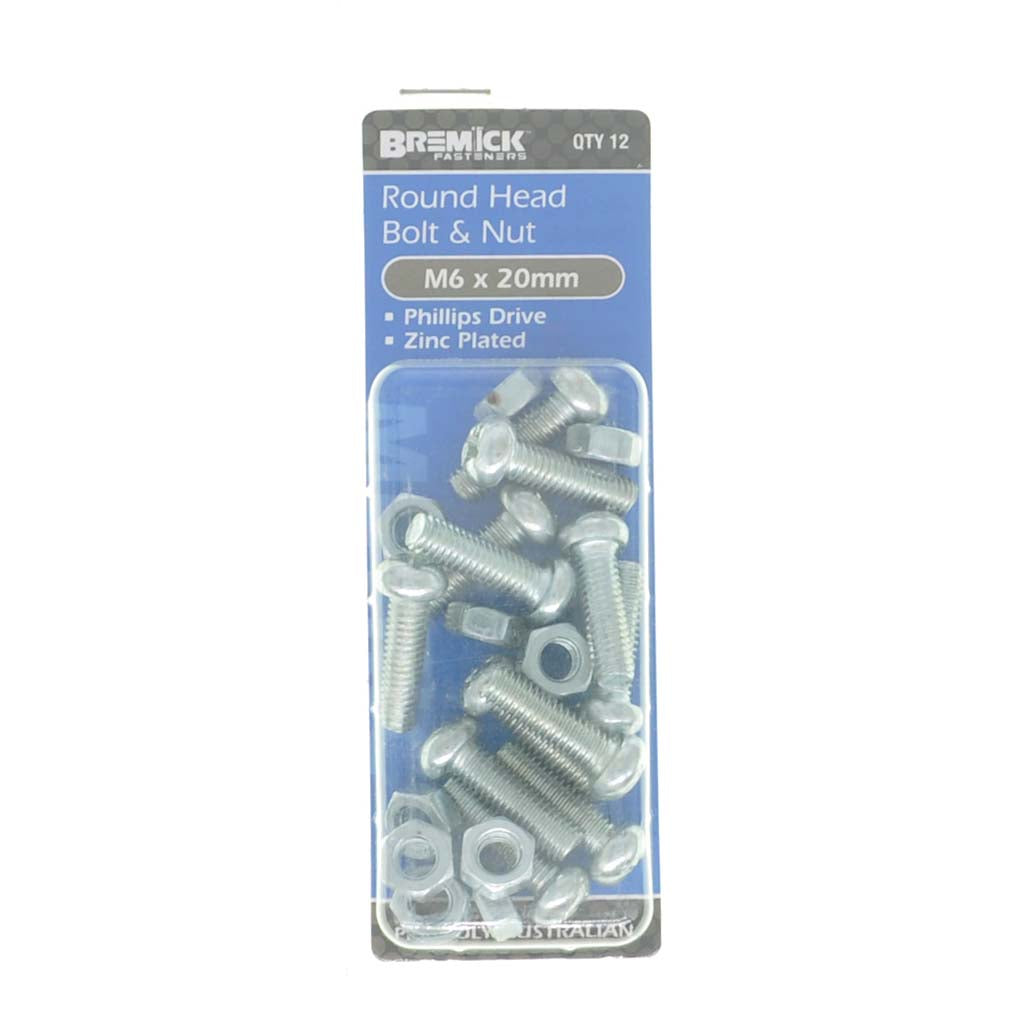 Bremick Round Head Bolt & Nut Zinc M6x20mm 12Pcs BRXMZ060203