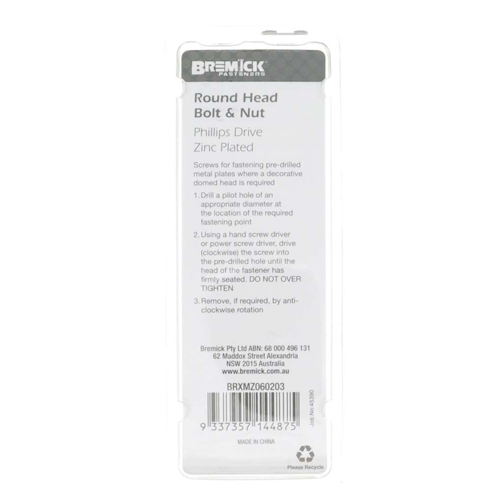 Bremick Round Head Bolt & Nut Zinc M6x20mm 12Pcs BRXMZ060203