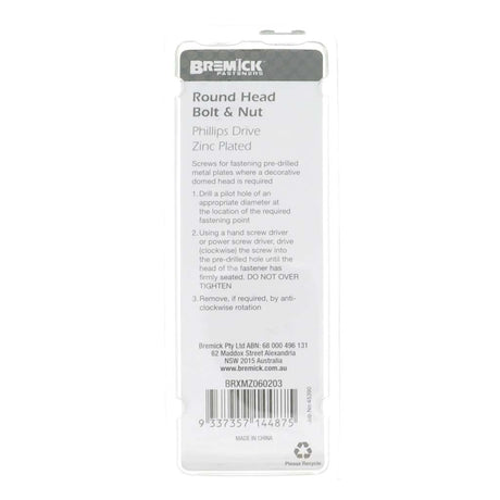 Bremick Round Head Bolt & Nut Zinc M6x20mm 12Pcs BRXMZ060203