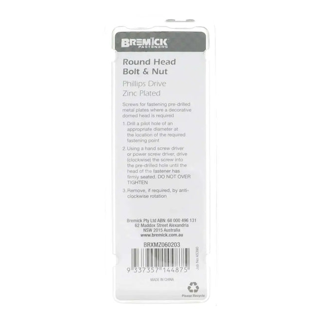 Bremick round head bolt and nut packaging on a white background