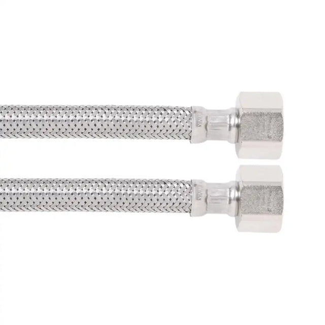 Two metallic hoses with braided design and connectors on a white background
