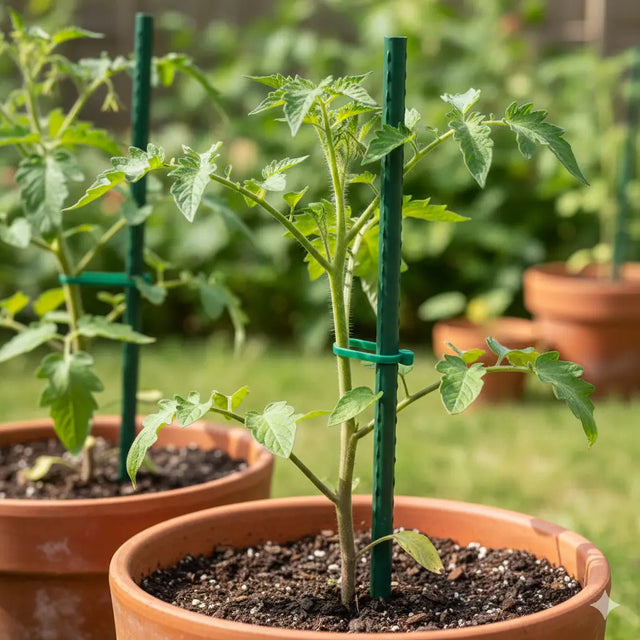 Potted plants with green stakes in a garden setting