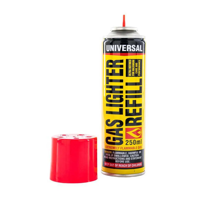 A can of Universal Gas Lighter Refill, 250ml, shown next to its red cap on a plain white background.