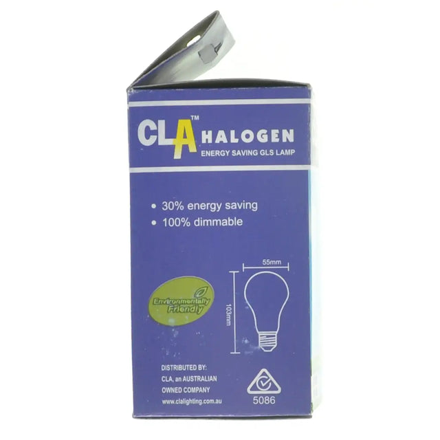 Box of CLA Halogen energy-saving GLS lamp on a white background