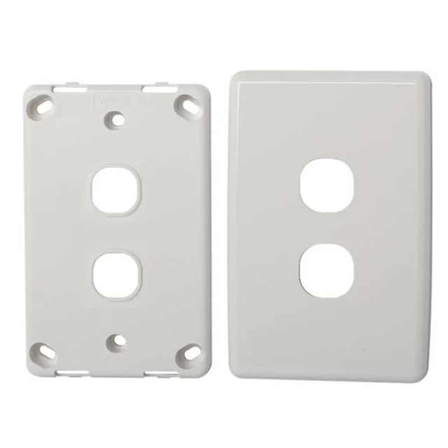 Two white plastic panels with multiple holes on a white background