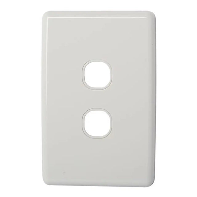 White wall plate with two circular openings on a white background