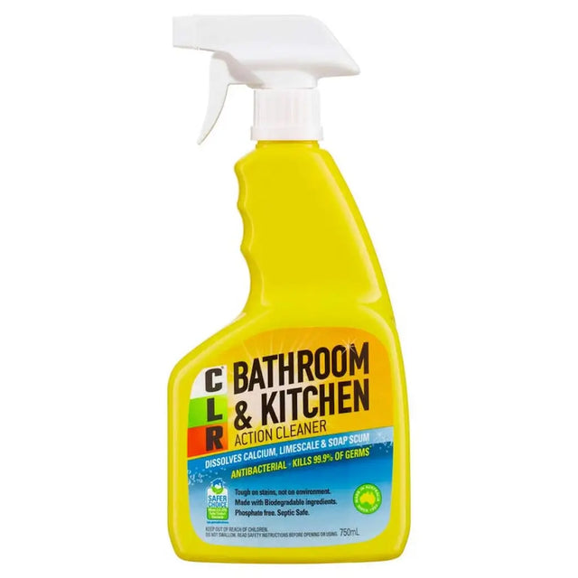 Yellow bottle of CLR Bathroom & Kitchen Action Cleaner on a white background