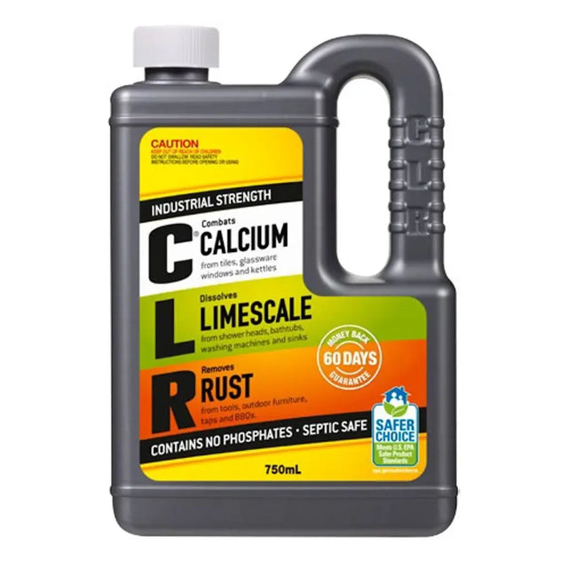 Bottle of CLR Calcium, Limescale, Rust remover with label on a white background