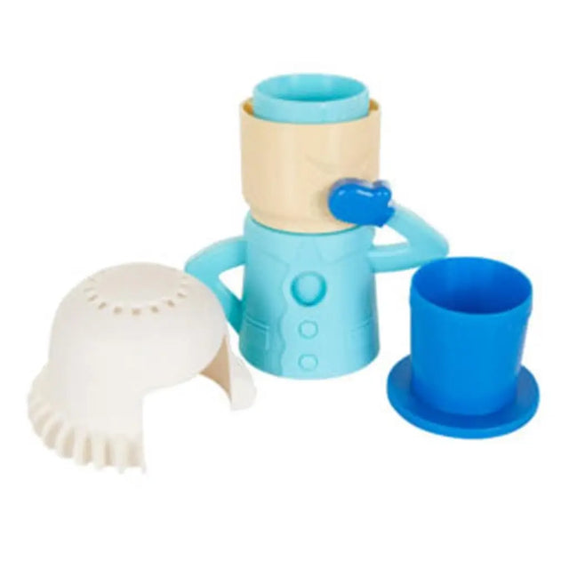 Set of blue and beige baby feeding and teething products on a white background