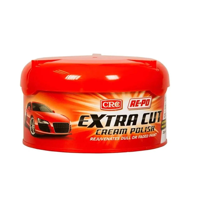 Red container of CRC Extra Cut Cream Polish with a car on the label against a white background